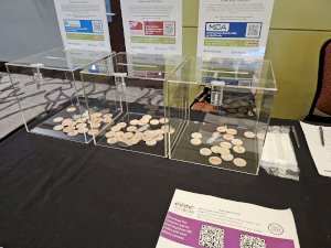 The photo shows a table covered in a black cloth with three clear perspex boxes on. In each of the boxes are a handful of round, wooden tokens, which represent the votes of WMS 2023 delegates
