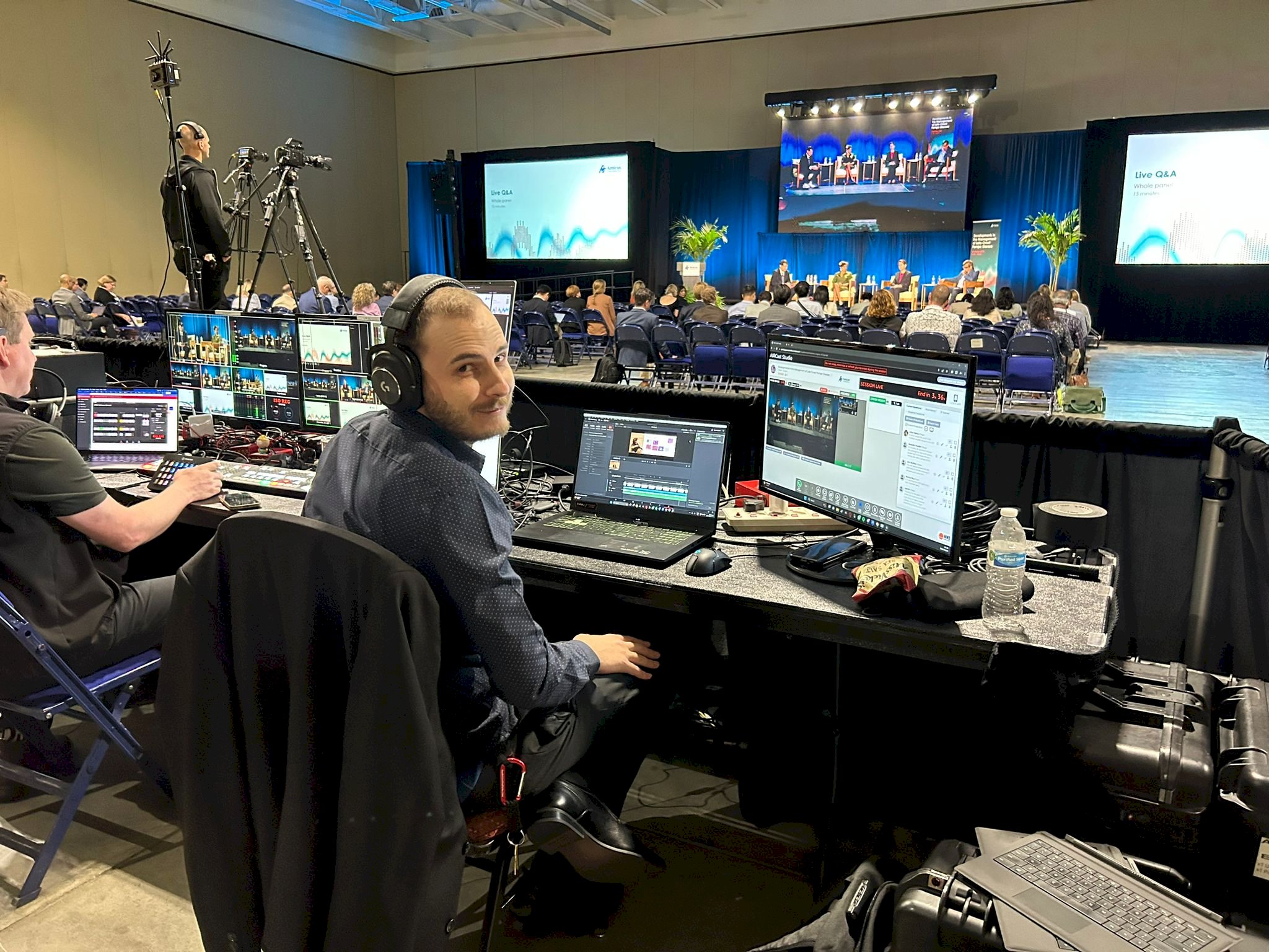 Images shows the tech set-up at WMS 2023 that enables us to provide a full virtual experience to people attending online. 