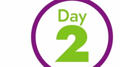 Video thumbnail of day 2 highlights real. Contains a purple circle with "day 2" in green inside