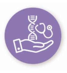 purple circle containing white outline drawings of a hand, palm up, a double helix and a stethescope