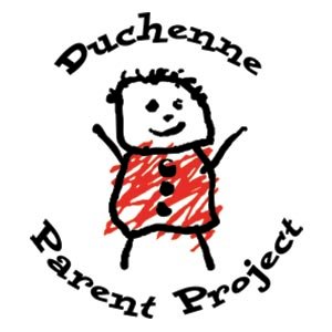 Image is the Duchenne Parent Project Logo. I stylised childlike drawing of a person with their arms in the air coloured in with red crayon.